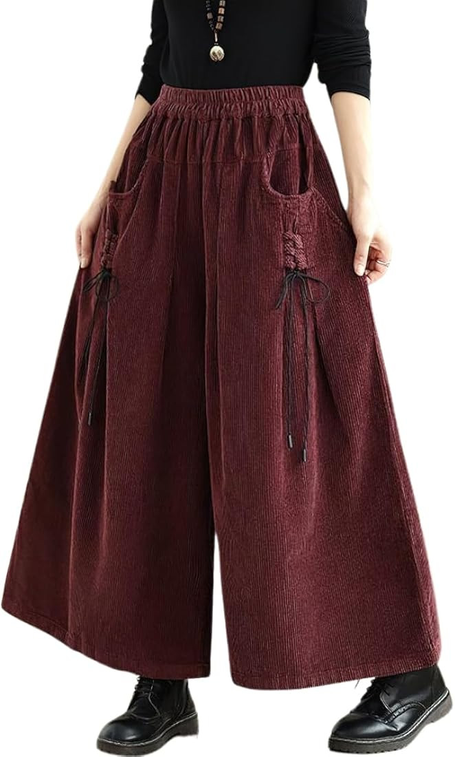 chouyatou Women's Fall Casual Wide Leg Baggy Corduroy Pants Elastic Waist Baggy Culotte Loose Tro... | Amazon (US)