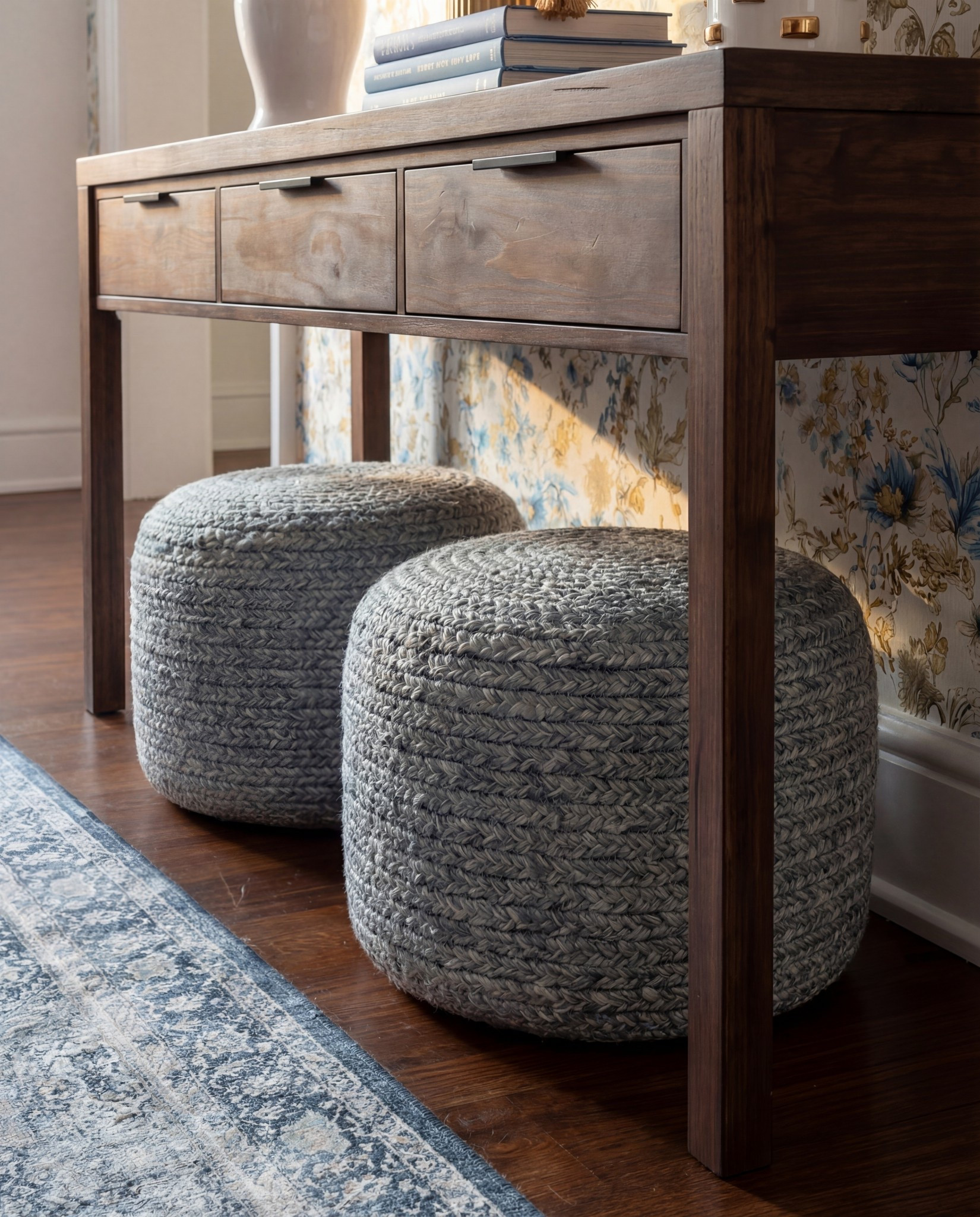 Shop the Look:
• Dark wood console table
• Blue + gold floral wallpaper
• Chunky woven poufs (cool grey)
• Brass globe sconces
• White ceramic table lamp
• Gold decorative bowl
• White studded ceramic vase
• Blue vintage-style runner
• Coffee table books (blue spines for color continuity)
- brown wood decor beads 

#LTKHome #LTKCyberWeek #LTKSaleAlert