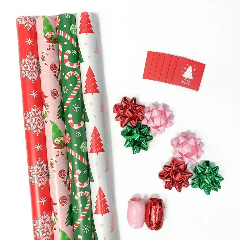 30" x 10' Holiday Giftwrap Ensemble w/ Star Bow Tags (4-pack) | Gnome Pink | Walmart (US)