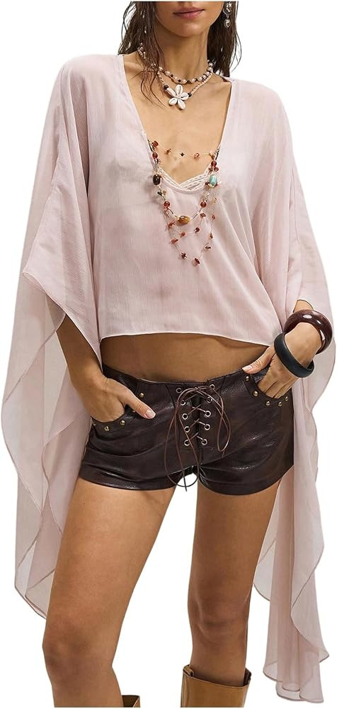 BEAUDRM Women's Oversized Poncho Tops 3/4 Sleeve V Neck Asymmetrical Crop Shirts Vacation Outfits | Amazon (US)