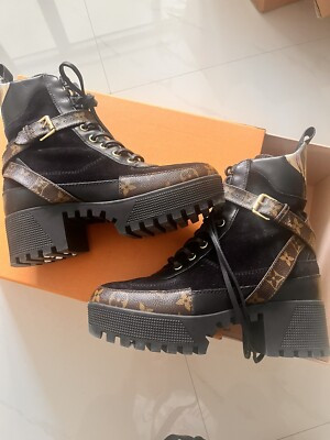 NEW Louis Vuitton Black Ankle Boots Combat Lace Up LV Logo Patent 36 | eBay US