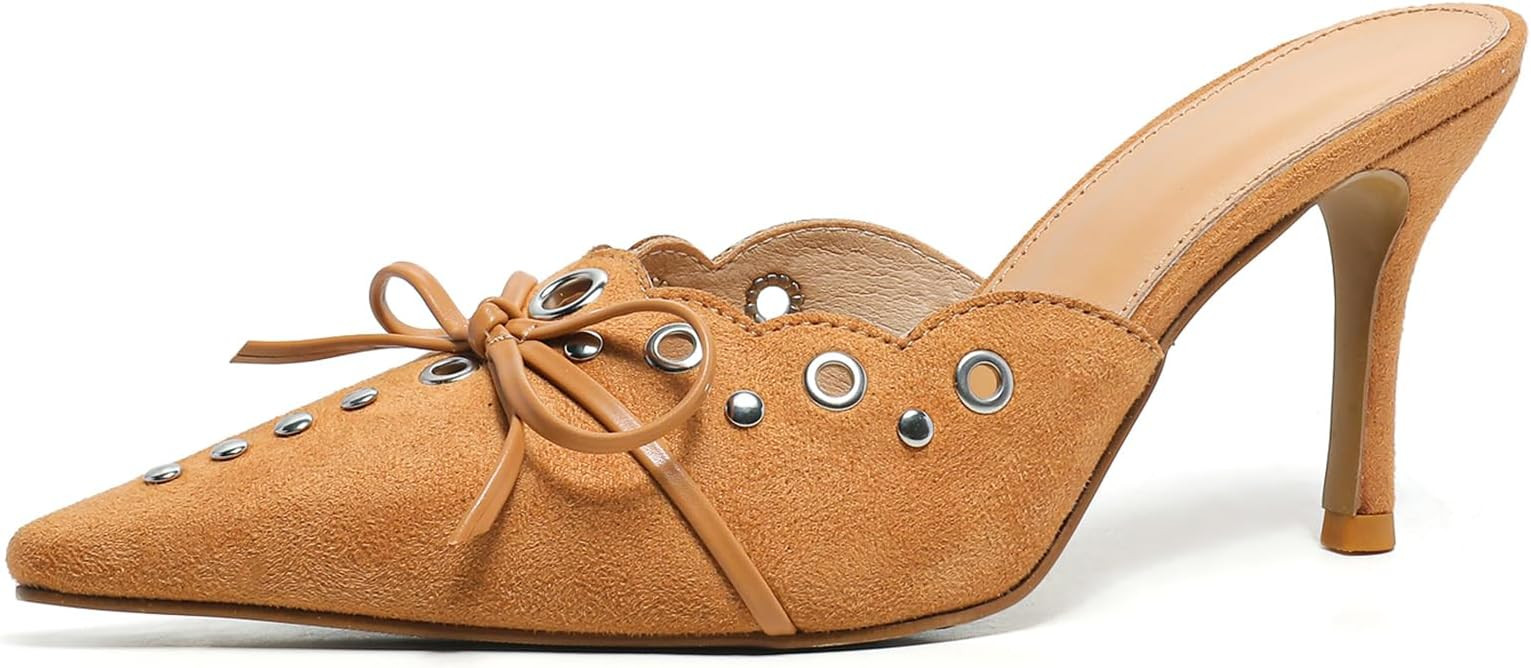 LIXGVHRO Kitten Heels for Women Pointed Toe Bow Mules Silp On Studded Heel Sandals | Amazon (US)