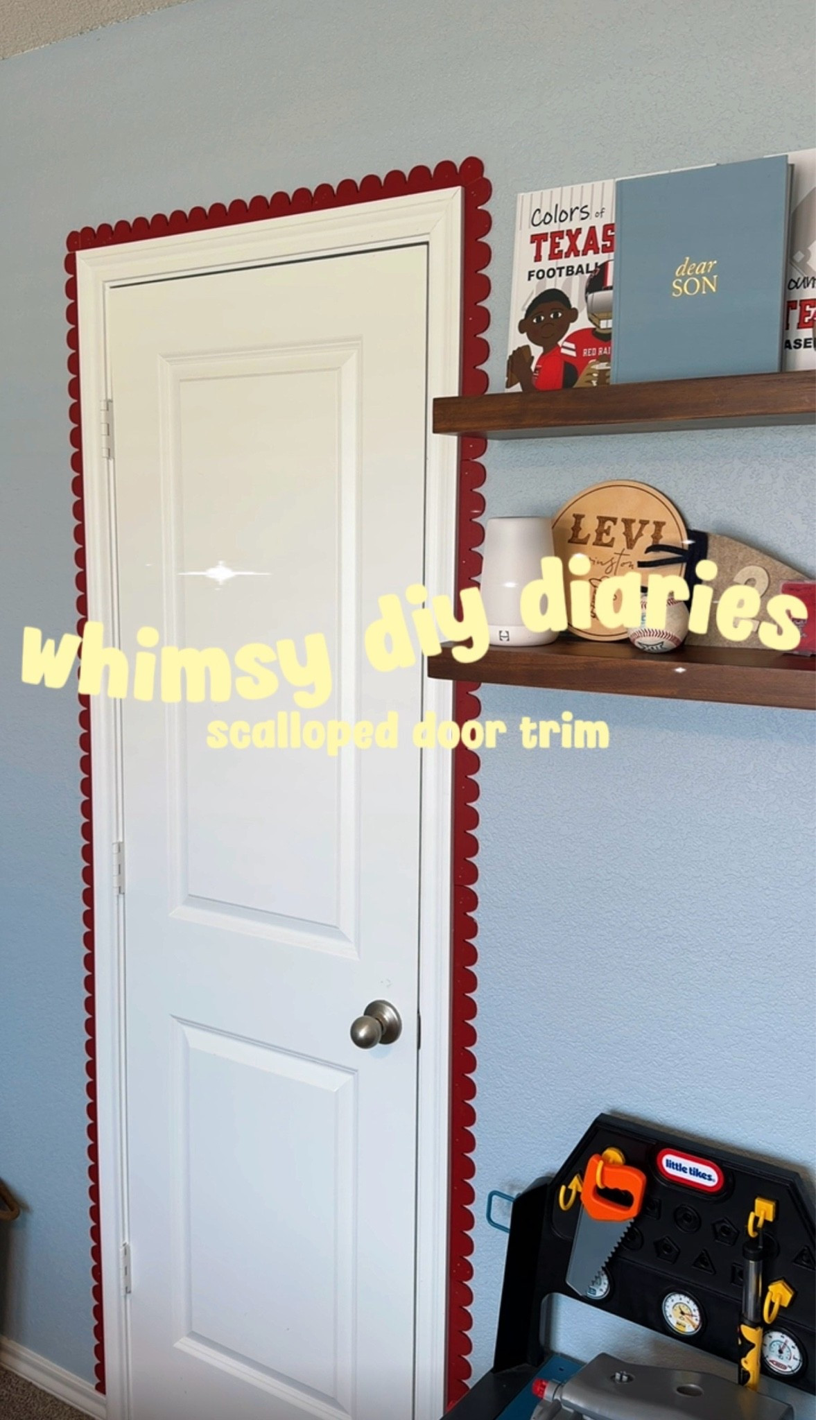 whimsy diy diaries episode two of my son’s big boy room & i’m obsesssed with how this turned out!! the hardest part was cutting those corners so learn from me and go top down!!!  i had to pry the right hand side down and redo it 😅

linking everything i can in my bio!! #whimsical #whimsy #diy #homedecor #toddlerroom