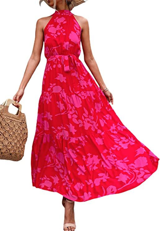 Floerns Women's Sleeveless Halter Neck Vintage Floral Print Maxi Dress | Amazon (US)