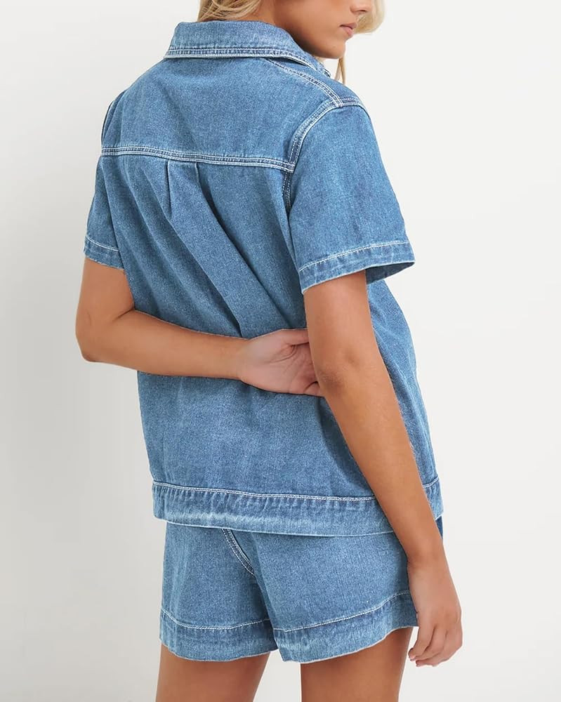 Kedera Summer Denim Set for Women 2 piece Casual Short Sleeve Boxy Shirt Tops and Shorts Pants Lo... | Amazon (US)