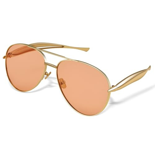 NULOOQ Oversized Gold Aviator Sunglasses for Women Men, Retro Metal Frame 70s Aviators Sun Glasses (Gold Frame/Orange Lens) | Amazon (US)