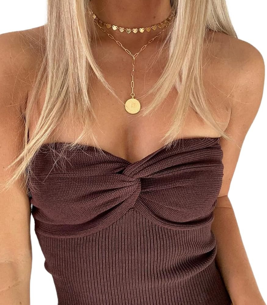 Women Sexy Strapless Tube Tops Sleeveless Stretchy Solid Hollow Out Crop Top Summer Streewear Tan... | Amazon (US)