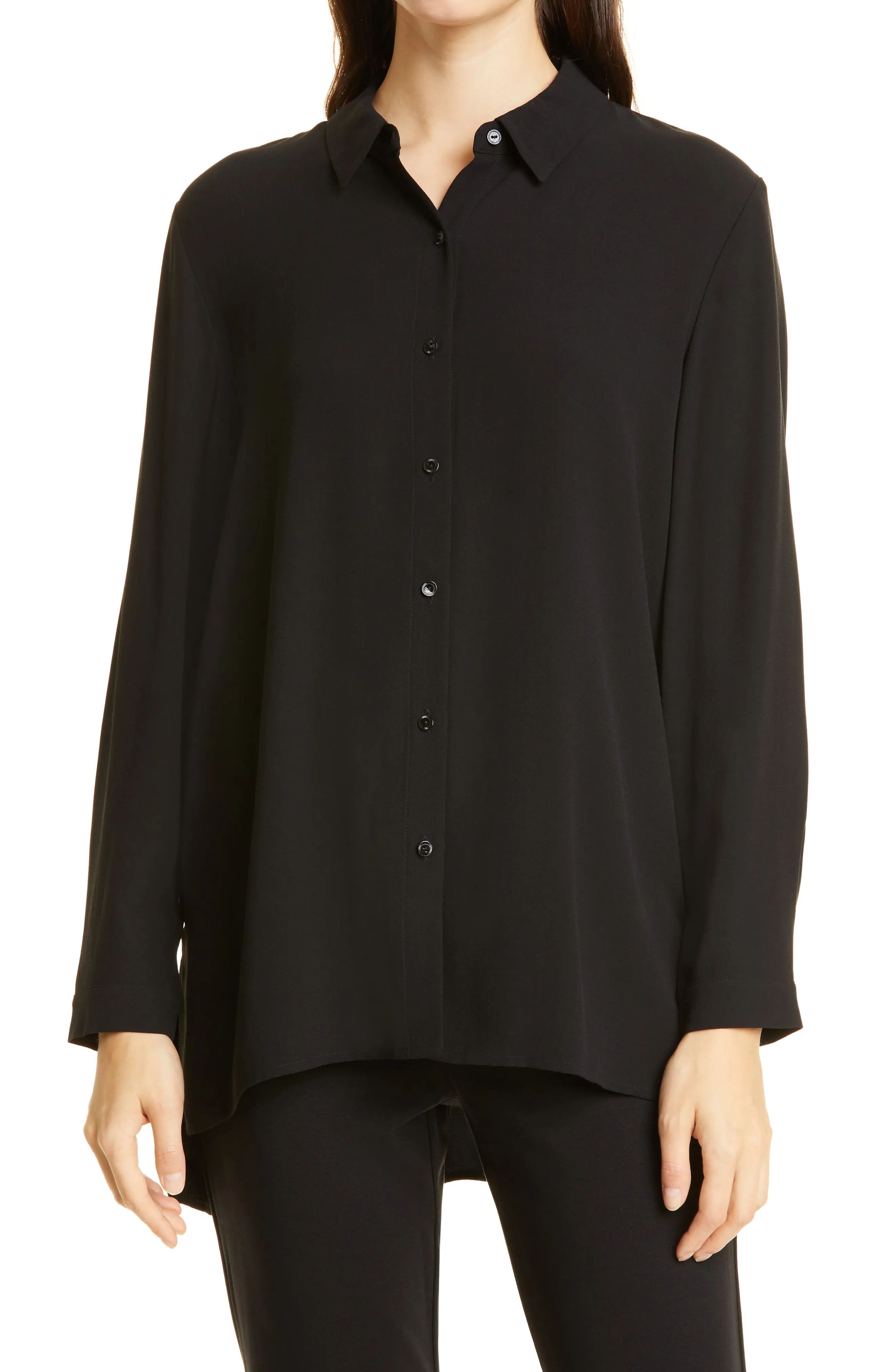 Eileen Fisher Classic Collar Easy Silk Button-Up Shirt, Size Large in Black at Nordstrom | Nordstrom