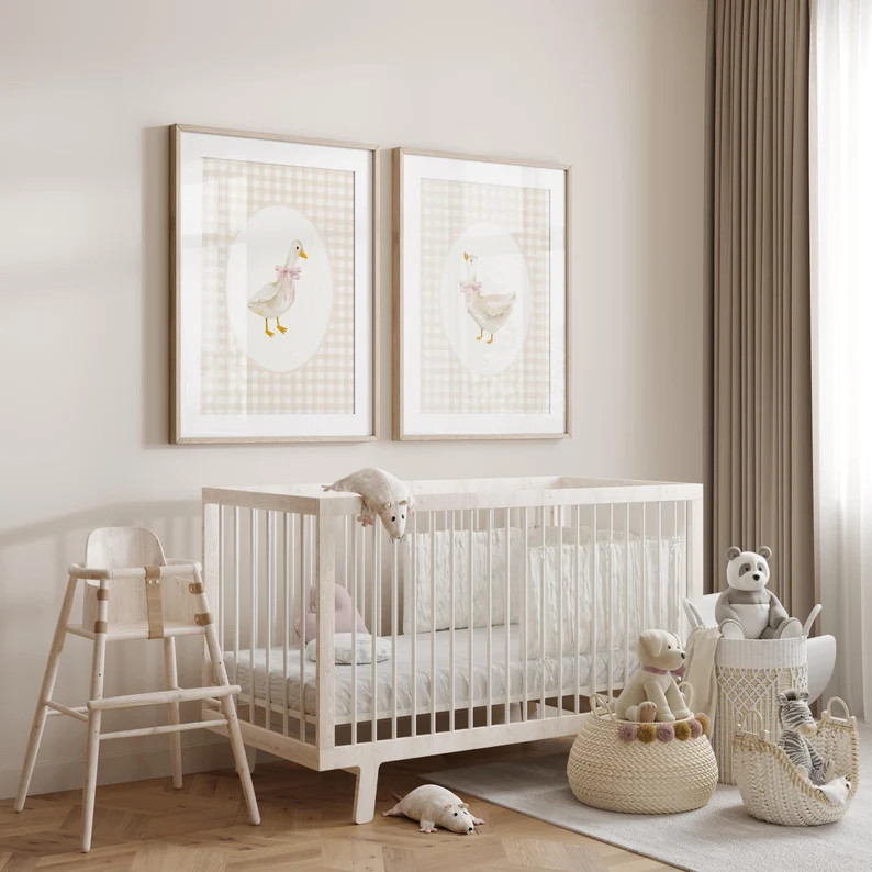 Goose Nursery Print Set, Vintage Goose Nursery Art, Baby Girl Nursery, Duck Gingham Nursery Decor... | Etsy (US)