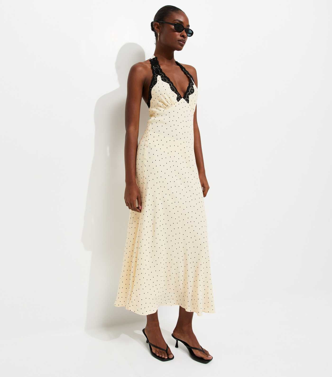 Cream Polka Dot Lace Trim Halter Neck Midi Dress | New Look | New Look (UK)