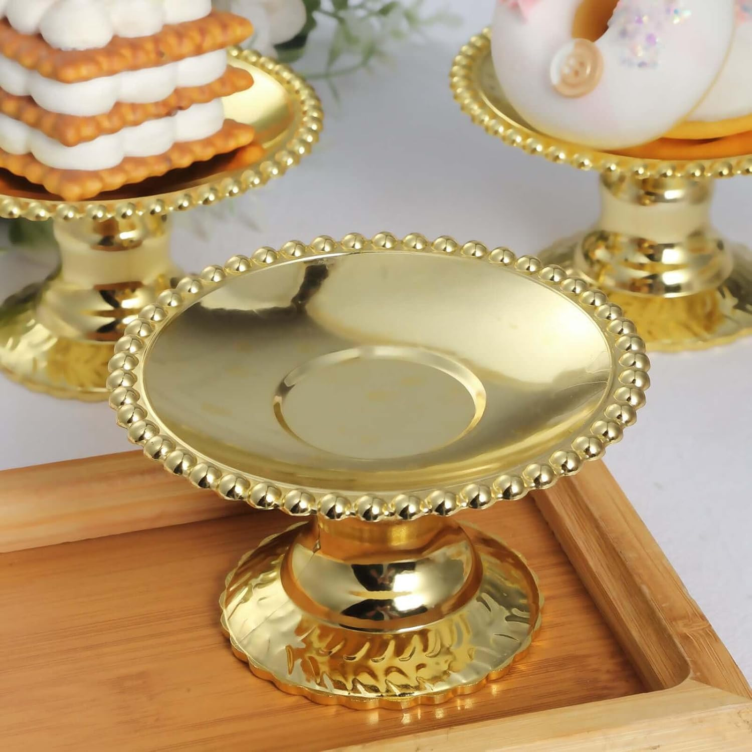 Efavormart 12 Pack 5 inch Gold Mirror Finish Mini Pedestal Cupcake Plates, Round Dessert Display Stands with Beaded Rim for Luxury Tablescapes | Amazon (US)