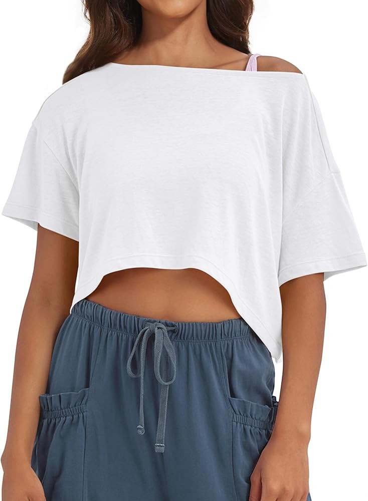 MISSACTIVER Oversized Off The Shoulder Top for Women Short Sleeve Boat Neck Crop Tee Loose Summer... | Amazon (US)