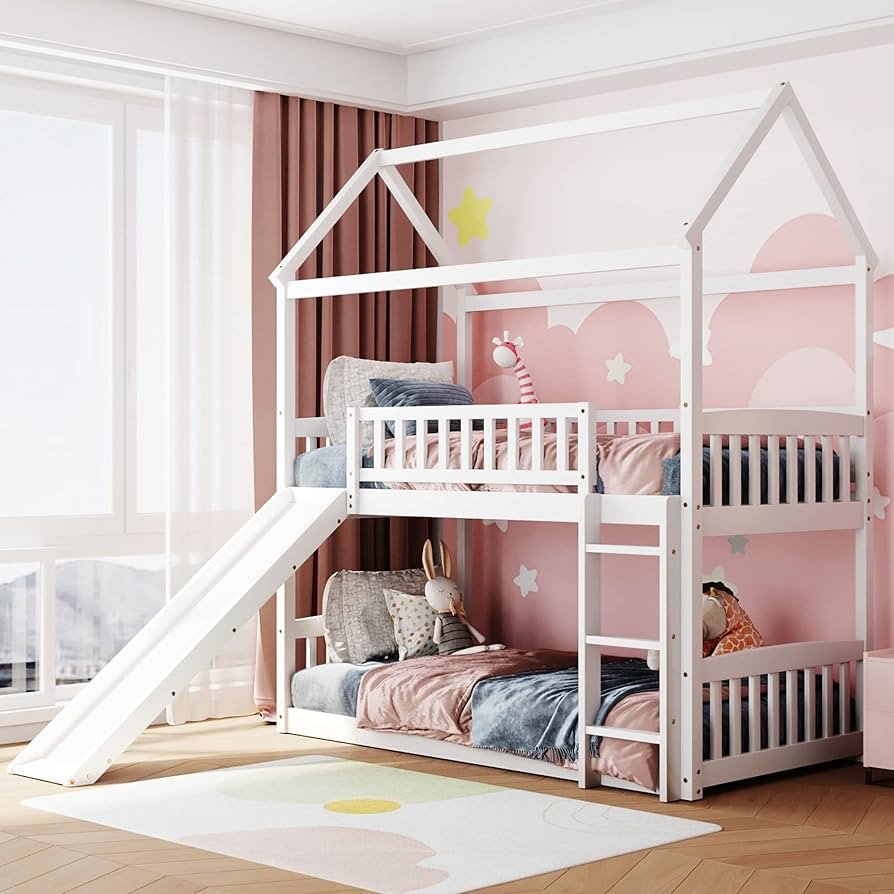 LostCat Twin Over Twin Bunk Bed with Slide, House Shaped Solid Pine Wood Bed Frame w/Safety Guard... | Amazon (US)