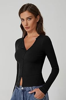 QINSEN Women's Long Sleeve Ribbed Crewneck Shirts Upper Button Fastening Going Out Tops | Amazon (US)