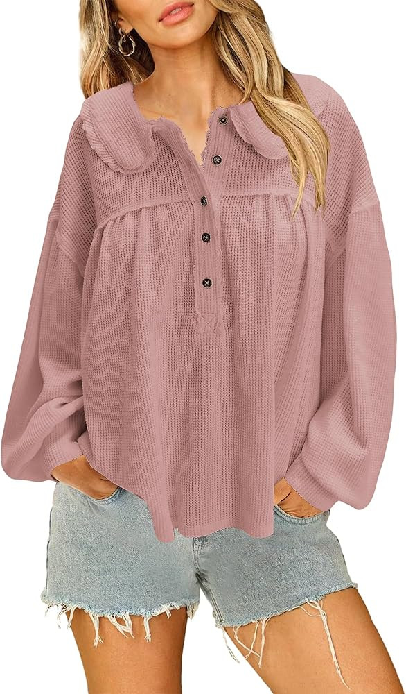 Nirovein Womens Oversized Waffle Knit Tops Long Sleeve Henley Shirts V Neck Tunics Solid Babydoll... | Amazon (US)