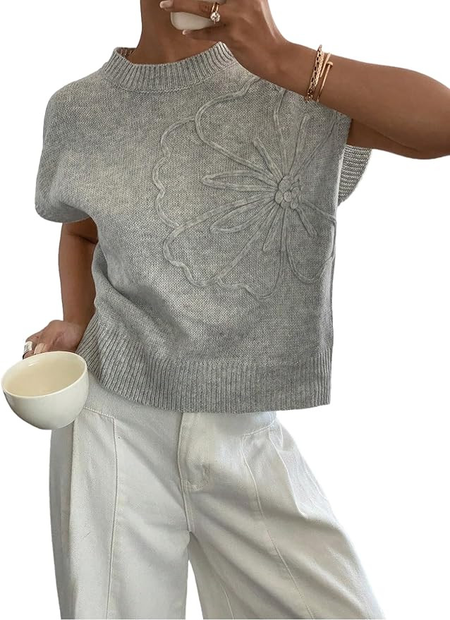 QJQ Women's Summer Short Sleeve Sweater Vest 3D Flower Floral Decor Knit Crewnek Anthropologie Cl... | Amazon (US)