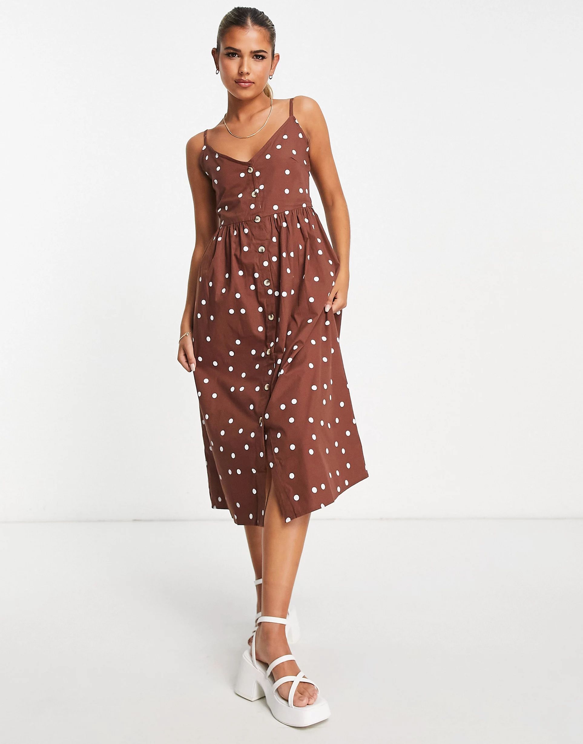 Influence cotton poplin cami midi dress in brown polka dot | ASOS (Global)