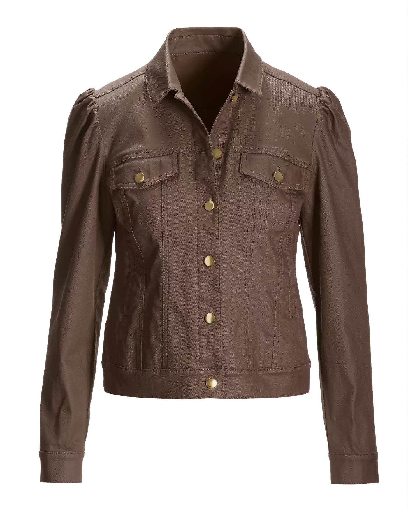 Coated Denim Puff Sleeve Jacket - Safari Brown | Boston Proper | Boston Proper