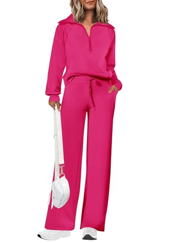 PRETTYGARDEN Women's 2 Piece Tracksuit Outfits Long Sleeve Half Zip Sweatshirt Sweatpants Lounge Set Sweatsuits (Rose Red,Medium) | Amazon (US)