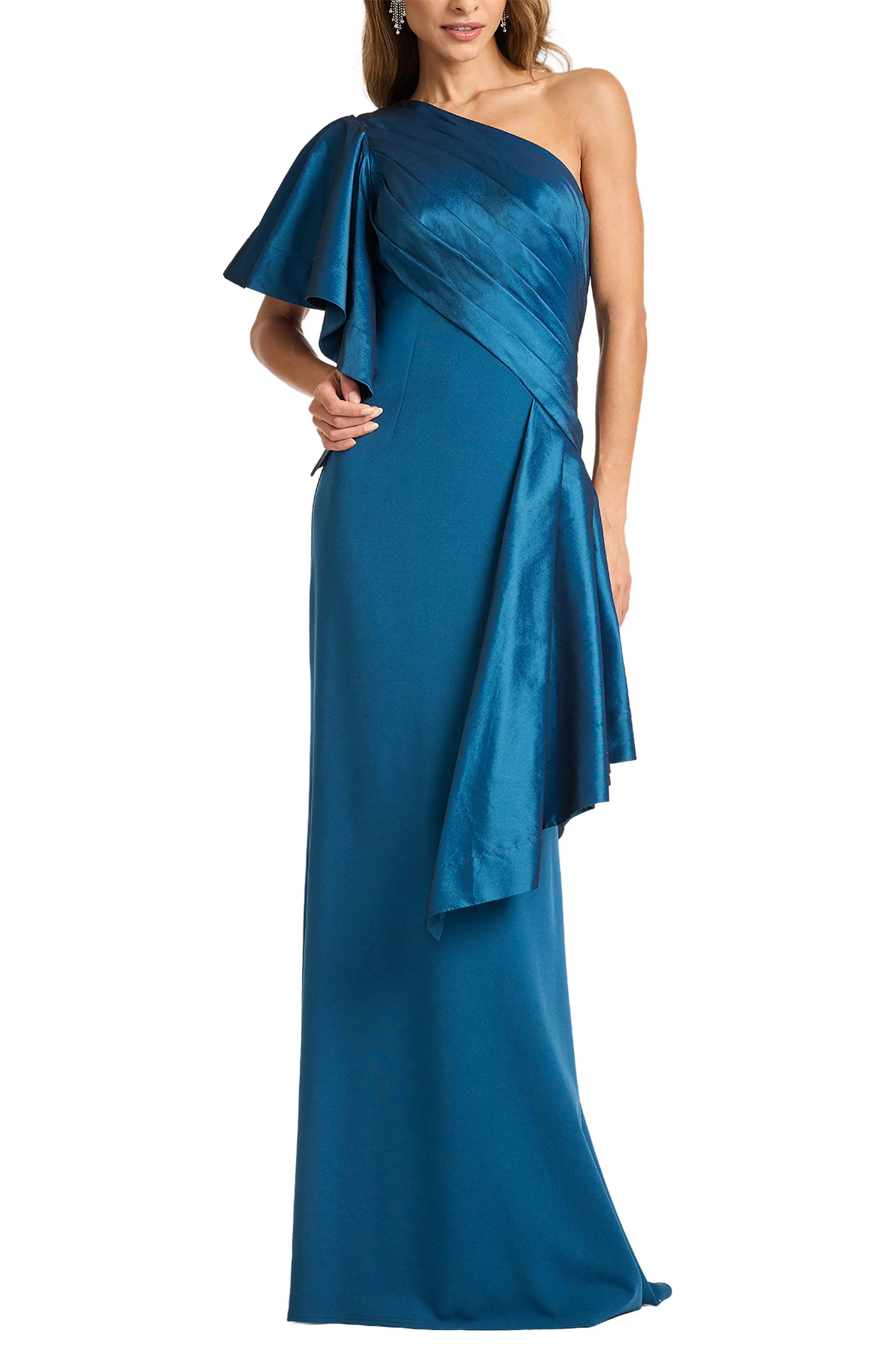 Tadashi Shoji Draped One-Shoulder Mixed Media Gown in Magenta at Nordstrom, Size Medium | Nordstrom