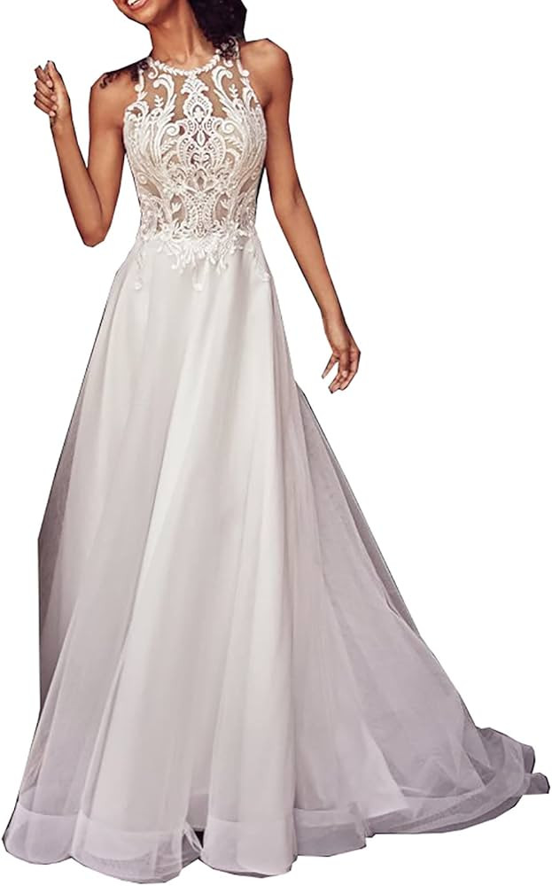 Guest Wedding Dresses for Women Casual Halter Bridesmaid Dresses Lace Sleeveless Cocktail Prom Fo... | Amazon (US)