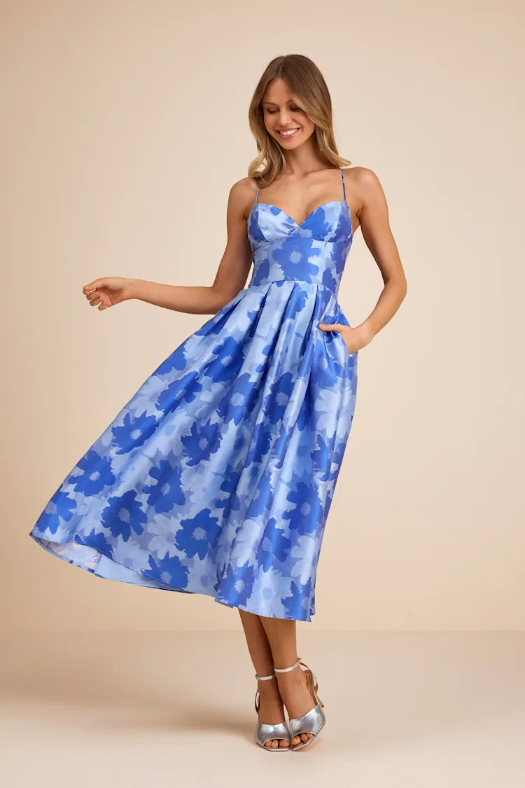 Vivinna Blue Floral Jacquard Pleated Midi Dress | Lulus