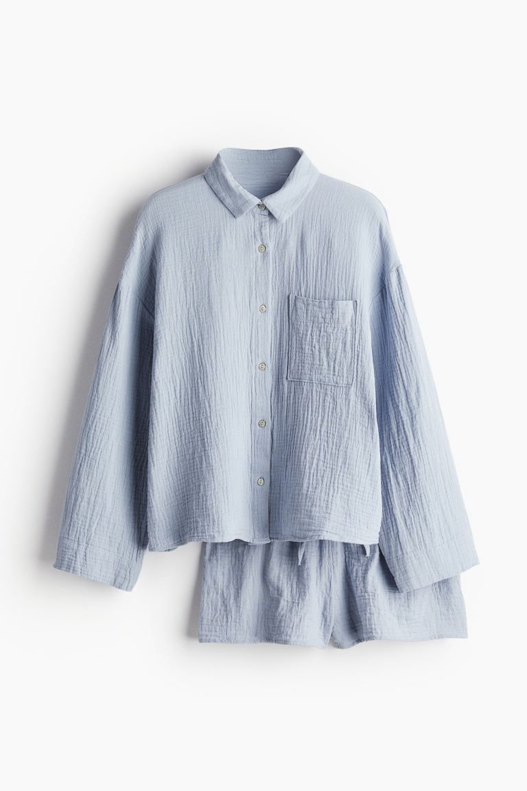 Pajama Shirt and Shorts - Long sleeve - Regular length - Light dusty blue - Ladies | H&M US | H&M (US + CA)