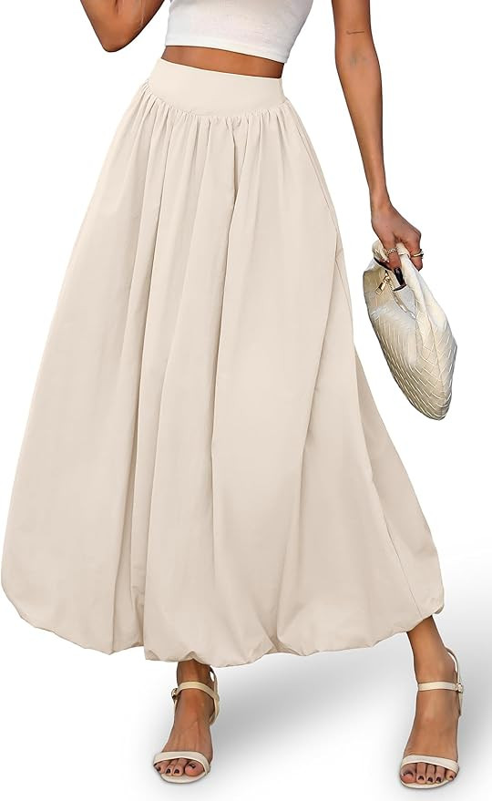ELLEVEN Women's Bubble Maxi Skirt with Pockets，Elastic Waist Puffy Hem Y2k Skirt Casual A Line ... | Amazon (US)