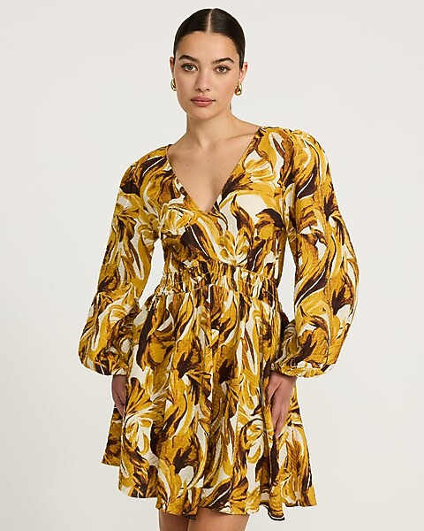 Printed Long Puff Sleeve Smocked Mini Dress with Pockets | Express