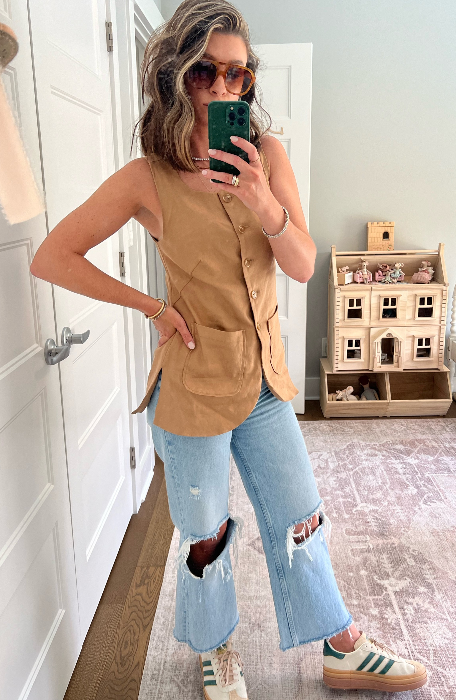 Vest jeans sneakers adidas gazelle tennis necklace Amazon jewelry sunglasses Elisa johnson