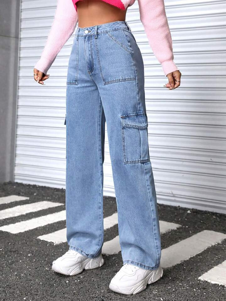 SHEIN PETITE Solid Color Cargo Jeans | SHEIN