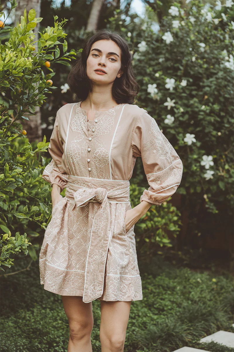 Jewel Neck SUE SARTOR Flounce Mini | Chai/Ivory Marigold Embroidery | SUE SARTOR