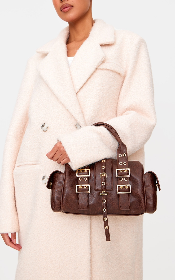 Brown Distressed PU Buckle Bowling Bag | PrettyLittleThing UK