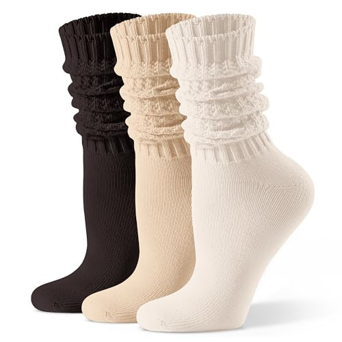 CS CELERSPORT Women's Slouch Crew Socks Scrunch Cozy Cotton Calf Tube Socks 3 Pairs,Beige+Light Brown+Dark Brown,11-13 | Amazon (US)