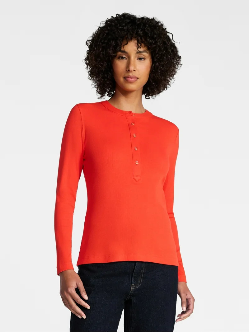 Time and Tru Women's Ribbed Henley with Long Sleeves, Sizes XS-XXXL | Walmart (US)