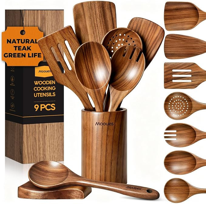 Mooues 9 Piece Natural Teak Wooden Kitchen Utensil Set with Spoon Rest - Comfort Grip Cooking Spo... | Amazon (US)