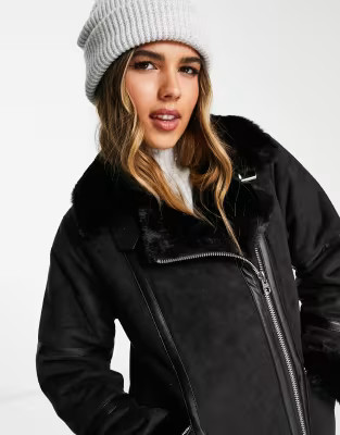 Pull&Bear faux fur oversized aviator jacket in black | ASOS (Global)