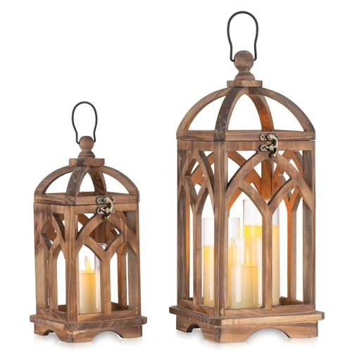 Romadedi Farmhouse Candle Lantern Wooden - 12" / 16" Set of 2 Decorative Rustic Wood Candle Holder Home Decor Decoration Wedding Table Centerpiece, Brown | Amazon (US)