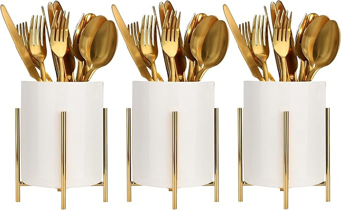 SIEBOLD Kitchen Utensil Holder,White Ceramic Silverware Caddy With Golden Metal Frame Chic & Mode... | Amazon (US)