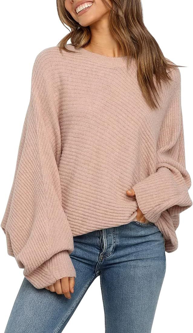 Mafulus Women's Oversized Crewneck Sweater Batwing Puff Long Sleeve Cable Slouchy Pullover Jum... | Amazon (US)