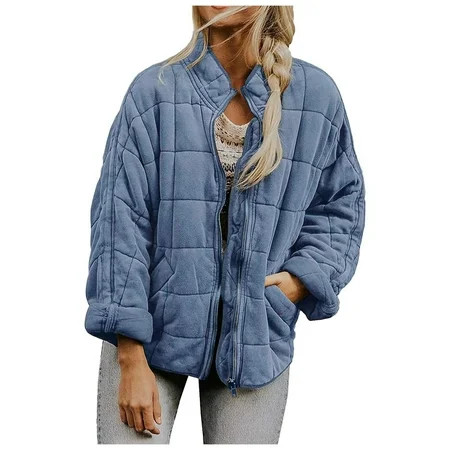 Sopiago Womens Quilted Jacket Lightweight Quilted Jackets for Women Zipper Oversized Fall Winter Puffer Coat Pockets Blue M | Walmart (US)