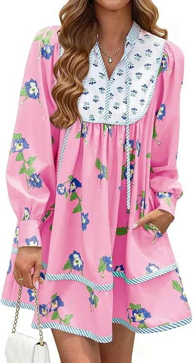 Womens Floral Mini Dress V Neck Long Sleeve Patchwork Loose Babydoll Boho Flowy Short Shift Shirt... | Amazon (US)