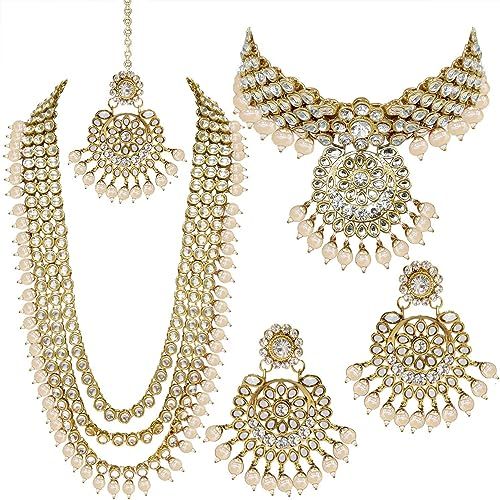 Aheli Indian Wedding Kundan Beaded Bridal Long Choker Necklace Earrings with Maang Tikka Traditio... | Amazon (US)