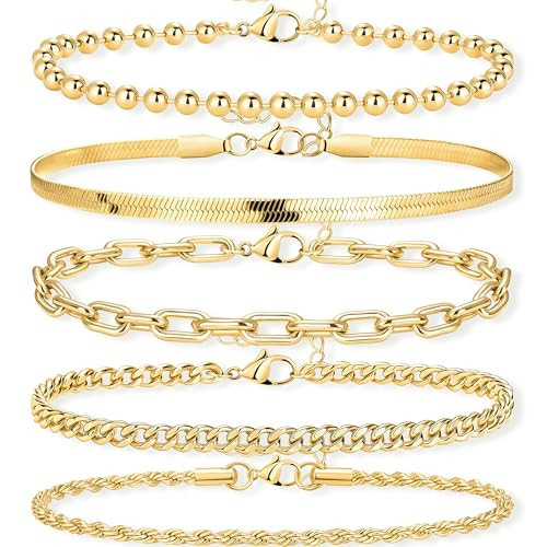 Gold Bracelets for Women Stack Non Tarnish, 14K Gold Plated Stackable Bracelets Set for Women Trendy, Waterproof Simple Jewelry Sets Gifts Inclued Beaded/Cuban/Paperclip/Herringbone/Rope Link Chian, Fashion Accessories | Amazon (US)