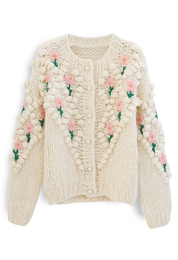 Stitch Floral Diamond Pom-Pom Hand Knit Cardigan | Chicwish