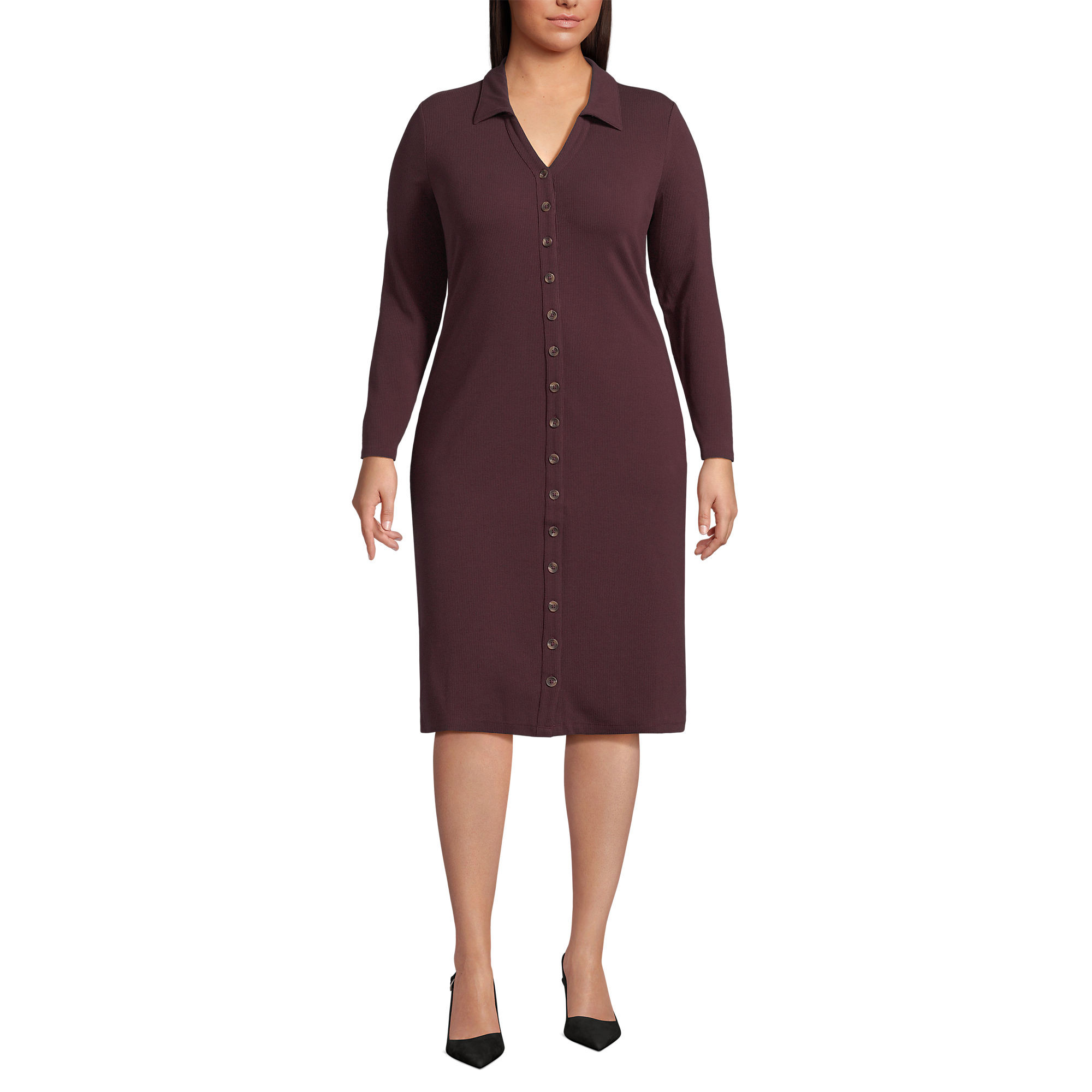 Women's Plus Size Knit Rib Button Front Dress | Lands' End (US)