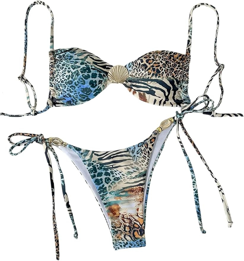 Verdusa Women's 2 Piece Leopard String Bikini Set Cheeky Swimsuits Hawaiian Outfits | Amazon (US)