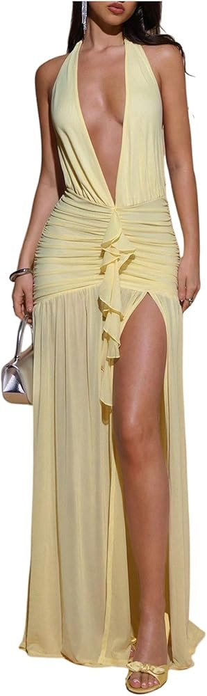 SHENHE Women's Sexy Halter Deep V Maxi Dress Open Back High Slit Ruched Ruffle Party Cocktail Dre... | Amazon (US)