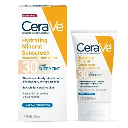 CeraVe Tinted Hydrating Mineral Sunscreen Lotion SPF 30 for Face with Sheer Tint | Walmart (US)