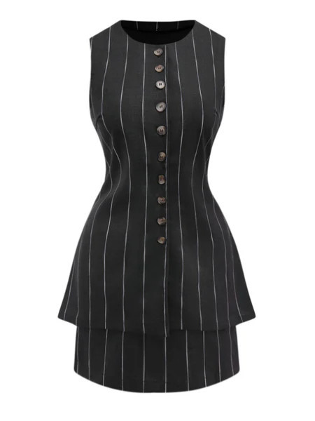 2PCS Black 1960s Pinstripe Pencil Skirt Sleeveless Suit | Retro Stage